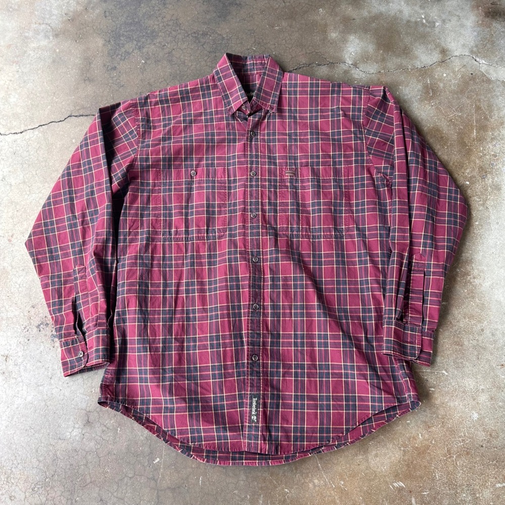 Timberland Plaid Button Down Shirt Mens Medium Burgundy Excellent Long Sleeve